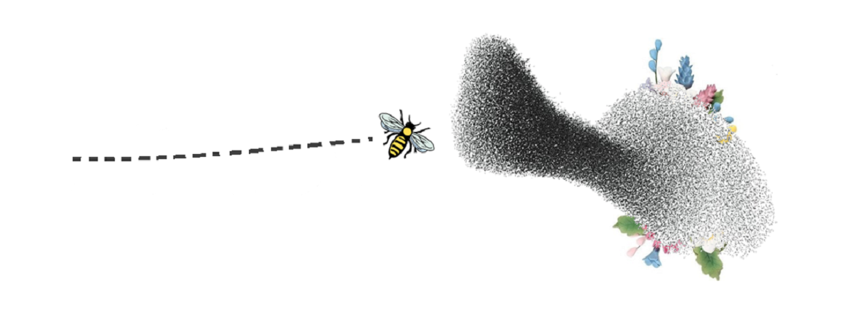The image shows a swarm of bees nearly completely covering a bunch of flowers as a metaphor for a Denial of Service attack