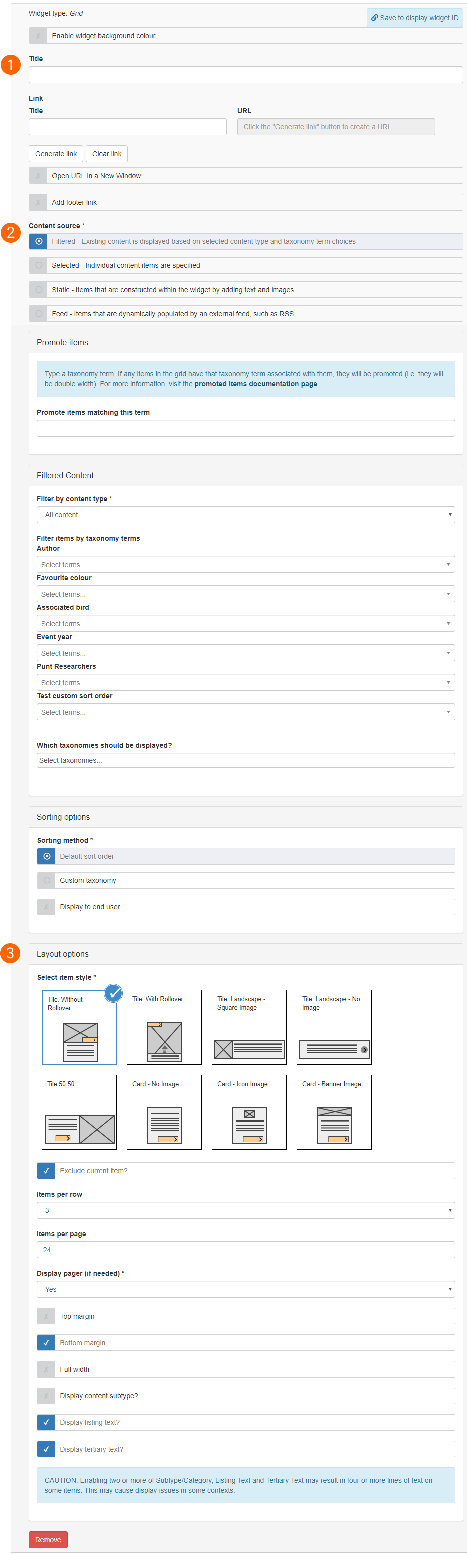 Screenshot of edit form for Grid listing widget 