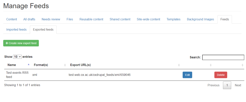 create export feeds in Manage Content > Feeds > 'Exported feeds'