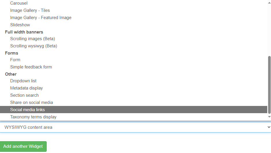 screenshot of add widget menu for social media links