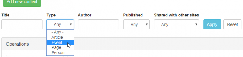 Manage Content > Content > Filter using content type Manage Content > Content > Filter using content type