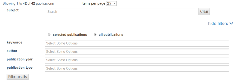 Screenshot of Publications listing widget 'More' page with 'Filters' section expanded
