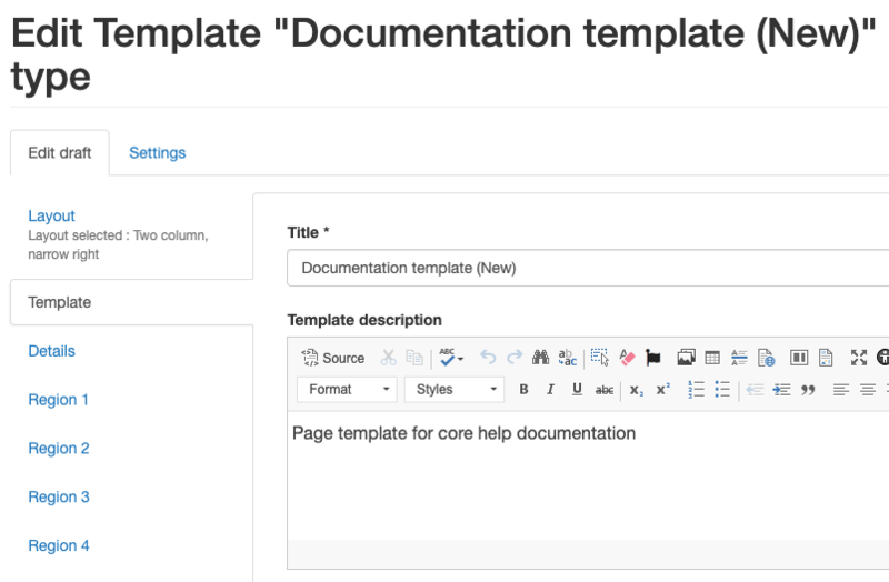 Screenshot of the Template editing page, showing a description being added in the 'Template' tab